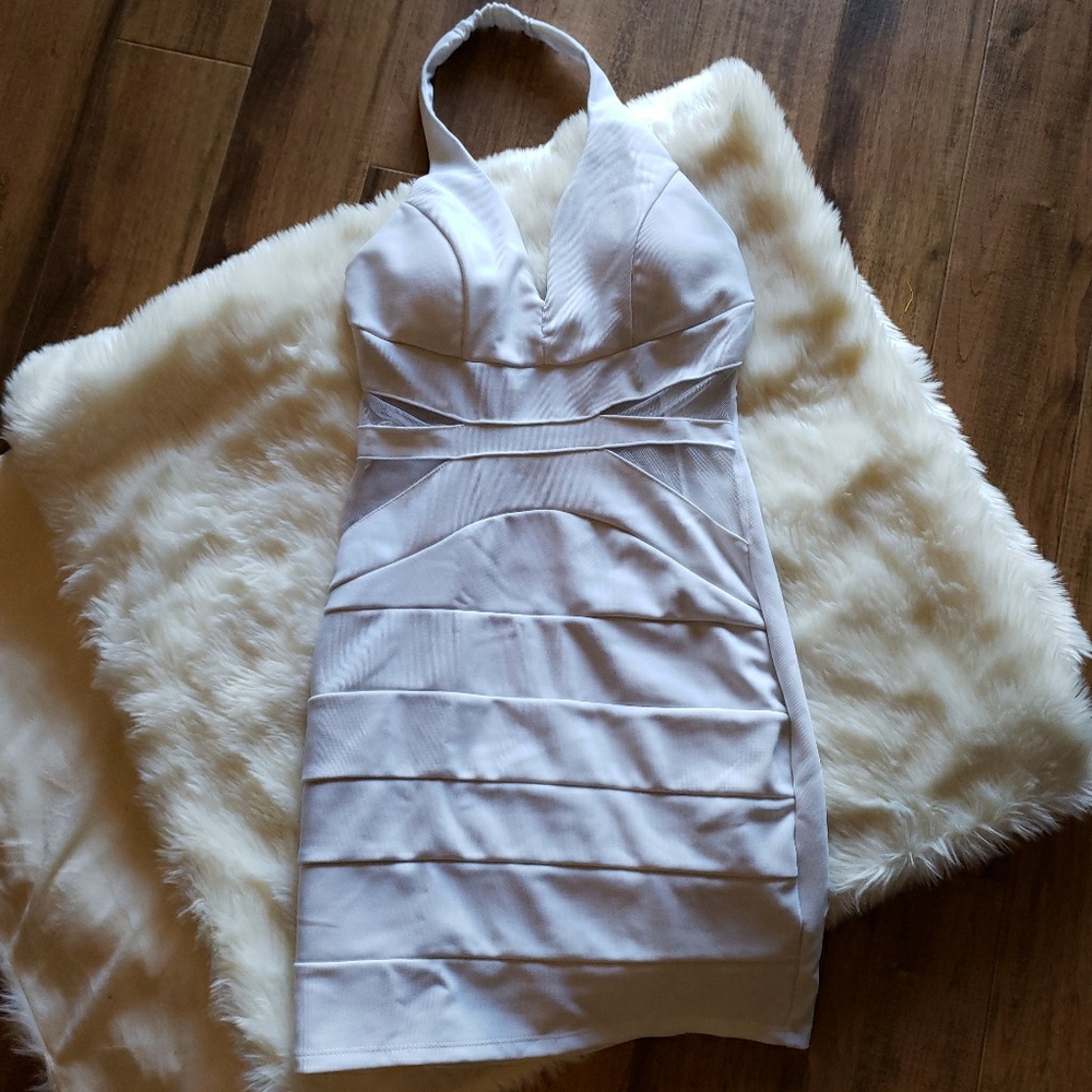 White Halter Top Mini Mesh Cut Out Dress